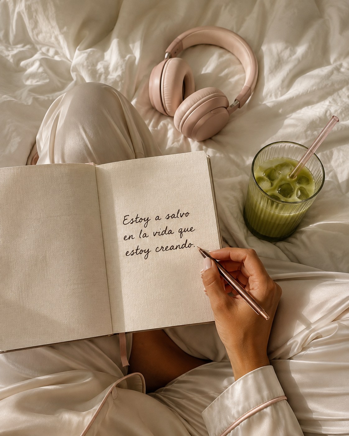 Journaling, audífonos rosas y matcha sobre ropa de cama clara